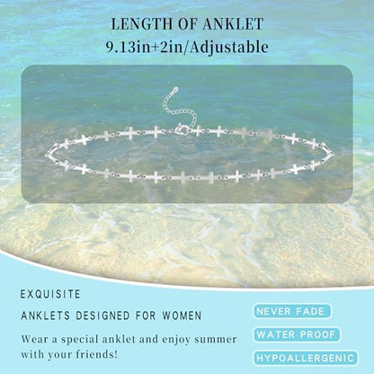 Sterling Silver Ankle Bracelets for Women 14K Gold Waterproof Layered Stackable Bead Chain Cross Charm Non Tarnish Large Adjustable Anklet for Summer Beach Jewelry Gift - color: silver5