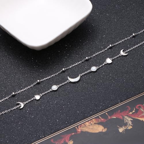 Flyow Anklet for Women S925 Sterling Silver Adjustable Foot Beaded Heart Charm Ankle Bracelet Anklets Jewelry - style: moon phase