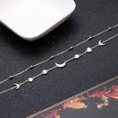 Flyow Anklet for Women S925 Sterling Silver Adjustable Foot Beaded Heart Charm Ankle Bracelet Anklets Jewelry - style: moon phase
