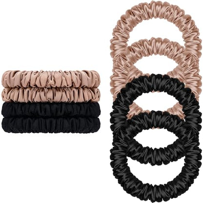 Scrunchies Hair Ties Silk Satin Scrunchy, WantGor Women 4PC Hair Bands | Pure Mulberry Silk Skinny Elastic Scrunchies Bracelets Ponytail Holders Hair Accessories (Black*2, Khaki*2) - color: Black*2, Khaki*2