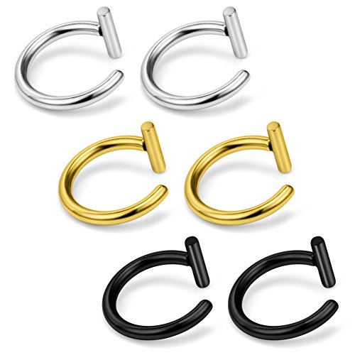 14G T Shaped Stainless Steel Gothic Clip on Non piercing Double Fake Cuff Lip Nose Ring Septum Hoop Women Men 6pcs - color: 6PCS - Mix Color 1#