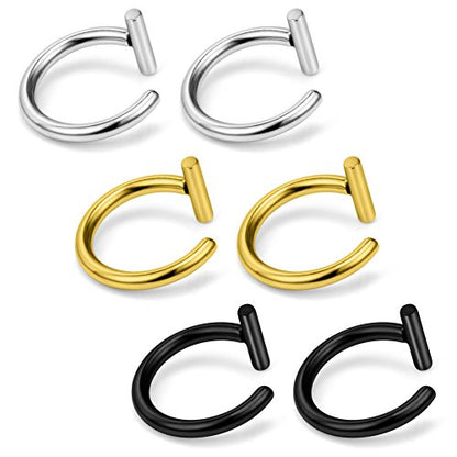 14G T Shaped Stainless Steel Gothic Clip on Non piercing Double Fake Cuff Lip Nose Ring Septum Hoop Women Men 6pcs - color: 6PCS - Mix Color 1#