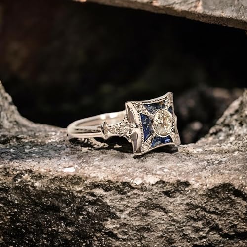 Vintage Old European Art Deco Diamond & Sapphire Ring for Women – Silver Plated Engagement Ring, Antique Style Square Halo Ring, Fine Jewelry Gift