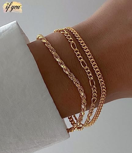 Gold Bracelets Set for Women Trendy, 14K Real Gold Plated Jewelry for Women Dainty Chain Bracelet Stack, Non Tarnish Gold Stackable Bracelets Pack Fashion Accessories Gifts - color: Style2-gold