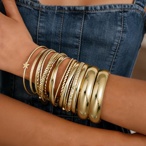 ÌF ME Gold Bangle Bracelets for Women, 19Pcs Multi Stackable Textured Bangles Set, 14K Gold Plated Chunky Bracelet Boho Jewelry Gifts - color: Gold-rotating twist
