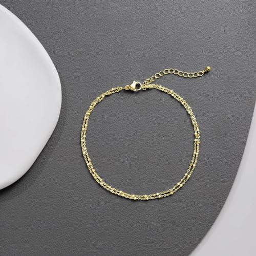 Rotnso Anklets for Women 14K Gold Silver Plated Ankle Bracelets Trendy Waterproof Boho Anklets Set Adjustable Dainty Cute Diamond Beaded Heart Non Tarnish Summer Beach Jewelry Gift - style: 2 Layered Square Bead-GD