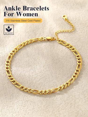 U7 Ankle Bracelets for Women Stainless Steel Waterproof Tarnish Resistant | 18K Gold Plated/Silver/Rose Gold Anklets, Cuban Chain Anklet Bracelets, Perfect for Summer Beach and Vacation Outfits - color: Gold Plated-5mm-Figaro Chain
