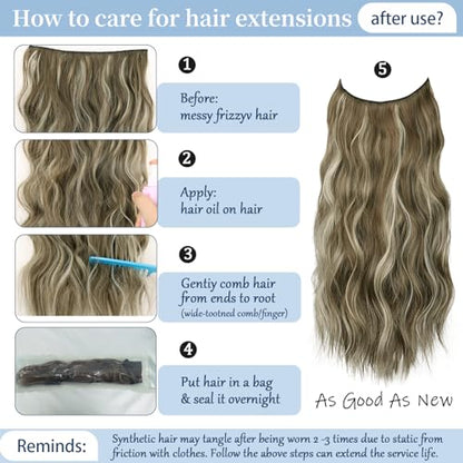 Medium Brown Halo Hair Extensions with Ash Blonde Highlights | 20 Inch Wavy Synthetic Fiber with Invisible Wire and 4 Secure Clips for Easy Daily Styling and Party Wear - color: Ash Medium Brown Highlights