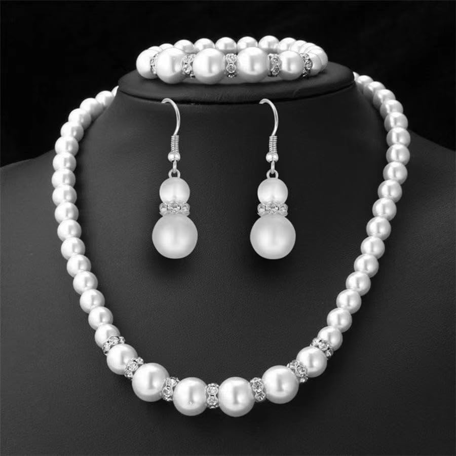 DATOA 3 Pcs Set Elegant Pearl Round Beads Imitation Pearl Acrylic Necklace Earrings Bracelet Sparkling Crystal Jewelry for Women Wedding Engagement Jewelry Set - color: Silver