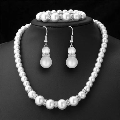 DATOA 3 Pcs Set Elegant Pearl Round Beads Imitation Pearl Acrylic Necklace Earrings Bracelet Sparkling Crystal Jewelry for Women Wedding Engagement Jewelry Set - color: Silver