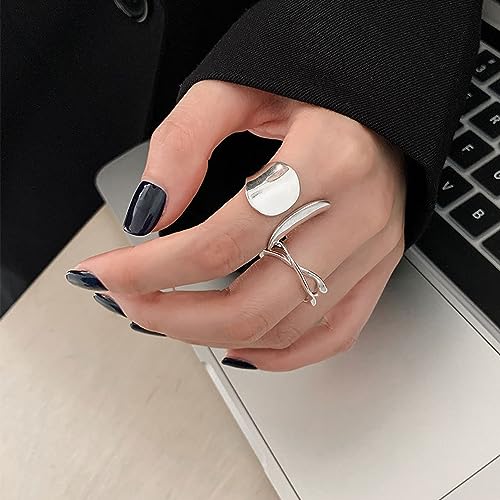 925 Sterling Silver Wide Band Ring Simple Handmade Hammered Chunky Statement Rings Adjustable Boho Thumb Ring for Women Men - color: Pattern 3