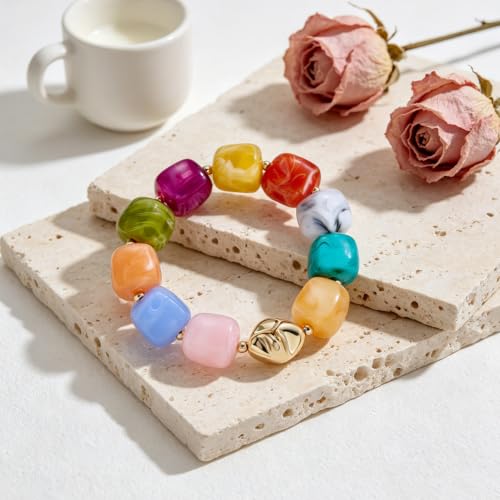 Chunky Beaded Bracelet for Women-Boho Bold Acrylic Resin Stretch Bracelets Trendy Summer Beach Elastic Bangle Vacation Jewelry Accessories - color: Style 2-Colorful