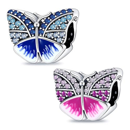 LNQOBU 925 Sterling Silver Charms for Bracelets Dangle Pendant fit Pandora Bracelets or Necklaces Jewelry Woman Gift Beads Charm (With one Spacer Beads) - style: 2PCS Butterfly Charms