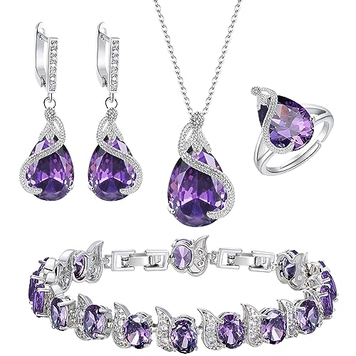 EVER FAITH Wedding Jewelry Set for Bride Bridesmaid, Glamour Teardrop Cubic Zirconia Pendant Necklace Earrings Tennis Bracelet Open Ring Sets for Birthday/Valentine's Day/Mother's Day/Christmas - color: A_Purple Silver-Plated-Brass