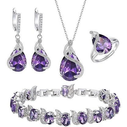 EVER FAITH Wedding Jewelry Set for Bride Bridesmaid, Glamour Teardrop Cubic Zirconia Pendant Necklace Earrings Tennis Bracelet Open Ring Sets for Birthday/Valentine's Day/Mother's Day/Christmas - color: A_Purple Silver-Plated-Brass