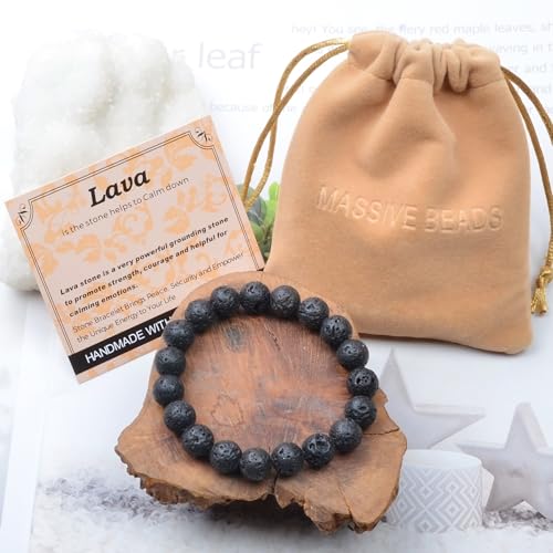 MASSIVE BEADS Handmade Yoga Stretch Elastic Bracelet Natural Stone Crystal Healing Power Energy Gifts for Unisex Adult 4mm 6mm 8mm 10mm - color: Black Lava(Calm), size: 10mm
