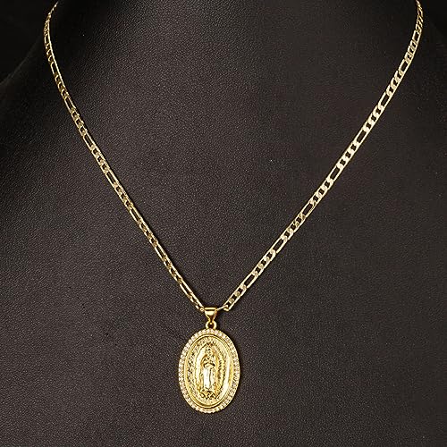 14K Gold Plated Guadalupe Virgin Mary Oval Pendant Necklace for Women Men Zircon Inlay Virgin Mary 3mm Flat Figaro Chain Necklace - color: gold, size: chain length:22"