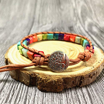 7 Chakra Bracelet Bohemian Handmade Leather Wrap Healing Protection Natural Stone Yoga Beaded Bracelets Boho Friendship Jewelry - color: Chakra 4