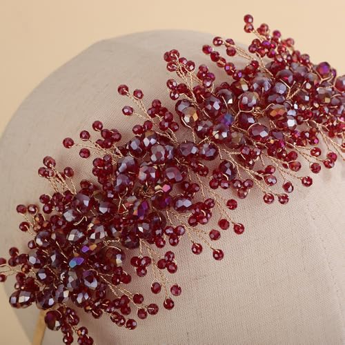 Rhinestones Beads Hair Crown for Wedding Brides Women Tiara Jewelry Handmade Sparkle Hair Piece - color: Red