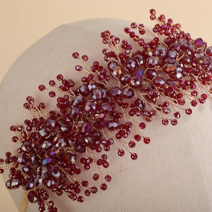 Rhinestones Beads Hair Crown for Wedding Brides Women Tiara Jewelry Handmade Sparkle Hair Piece - color: Red