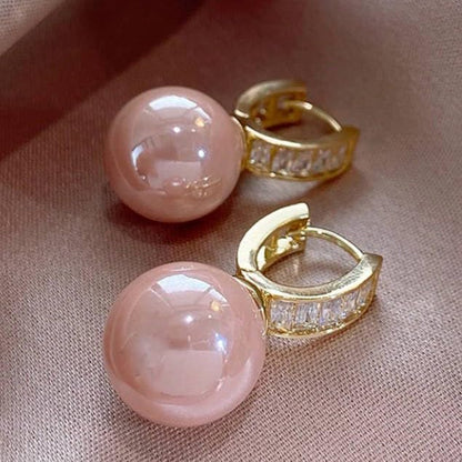 Pink Faux Pearl Drop Hoop Earrings for Women, Elegant High-End Cubic Zirconia Accent Dangle Earrings, Trendy Daily & Party Jewelry - color: Pink, size: Medium