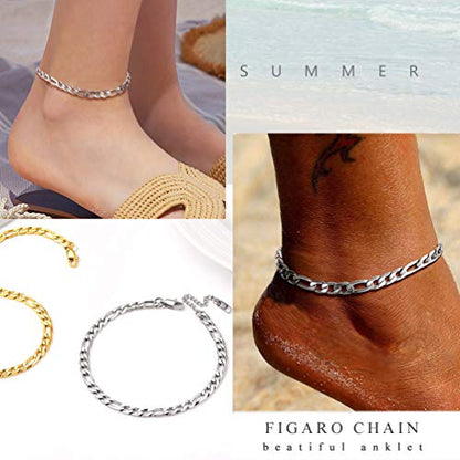 PROSTEEL Ankle Bracelets for Women, Silver/Gold/Black, Waterproof Anklets | Waterproof, Stainless Steel, Summer Beach Jewelry, Durable & No Tarnish, Come with Gift Box, 8-10.5" Adjustable, Plus Size - color: D: silver-figaro chain-6mm