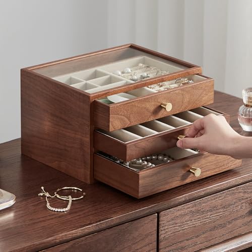 Black Walnut Wooden Jewelry Box Women large 3 Layer Drawer Organizer Box with Glass Lid for Necklaces, Watch, Necklace, Ring, Earring Storage, Ideal Gift - style: 3 Layer