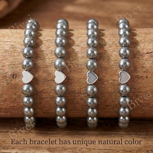Bivei Crystal Stretch 6mm Bracelets for Women | Handmade Natural Stone Beaded Stretch Bracelet, Stainless Steel Heart Bead, Tranquility Yoga Gift Jewelry for Women - color: Hematite - Grounding