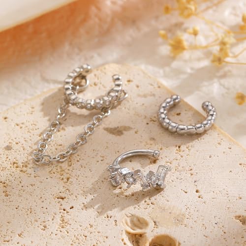3Pcs Ear Cuffs Non Piercings for Women, Trendy Cubic Zirconia Gold Silver Clip On Cuff Earrings Set Jewelry Dainty Fake Cartilage Earring - color: Silver Chain2