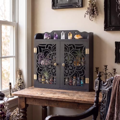 Trinket Shelf, Crystral Shelf Display, Gothic Room Decor, Rock Display Case | Witchy Shelf with Doors, Crystal Display Shelf, Storage Cabinet with Carved Door, Essential Oil Organizer & Stone Holder
