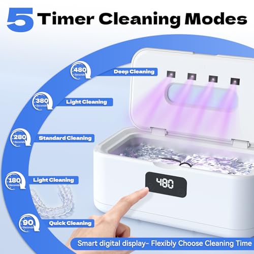 Ultrasonic Jewelry Cleaner, 50Khz Jewelry Cleaner Ultrasonic Machine for Jewelry, Eyeglasses, Rings, Watch Strap, Dentures, 24oz - 304 Stainless Steel Tank, Digital Timer, 5 Cleaning Modes - color: White