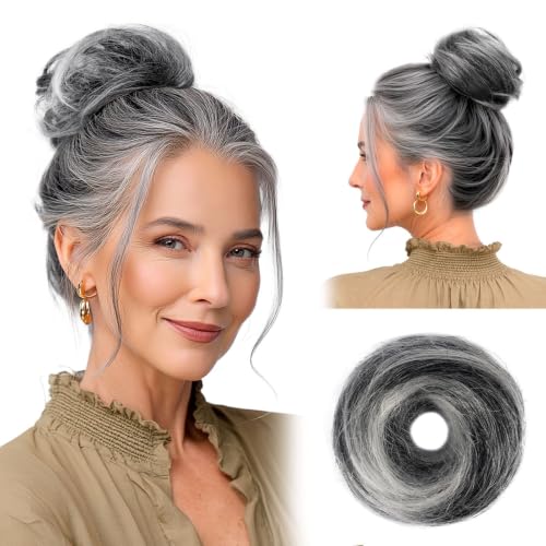 RUWISS 100% Human Hair Bun Small Messy Bun Hair Piece, One Hairpiece Two Styles Mini Natural Looking Scrunchies Updo for Daily, Hair Buns for Women (Black mix Gray and Platinum Blonde Tips) - color: Black mix Gray and Platinum Blonde Tips