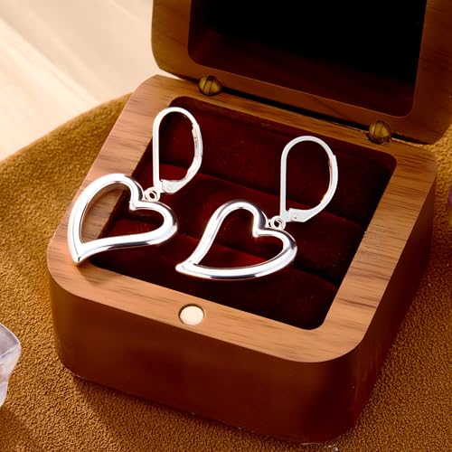 14K Gold Plated 925 Sterling Silver Openwork Love Heart Dangle Earrings, Leverback Huggie Hoop Hypoallergenic Trendy Earrings for Women - color: 925 Silver