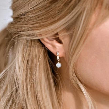 Plenky Pearl Earrings-14K Gold Plated Dainty Pearl Drop Simple Wedding CZ Dangle Dangling Cute Stud Earrings for Brides Earrings for Women Gifts - style: Oval Zirconia Pearl Earrings
