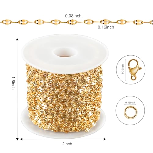 Kyutong Thin Stainless Steel Chain Roll Gold Chain for Jewelry Making | 32.8 Feet Jewelry Chain for Keychain Necklace Bracelet DIY Gold PVD Plated Stainless Chains Bulk with Jewelry Connectors - color: Gold Lip