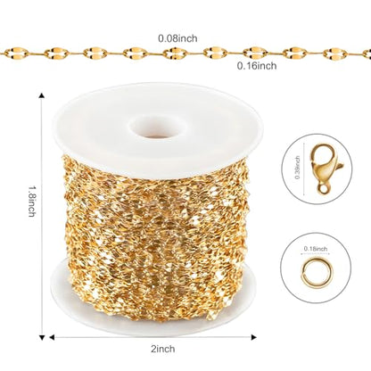 Kyutong Thin Stainless Steel Chain Roll Gold Chain for Jewelry Making | 32.8 Feet Jewelry Chain for Keychain Necklace Bracelet DIY Gold PVD Plated Stainless Chains Bulk with Jewelry Connectors - color: Gold Lip