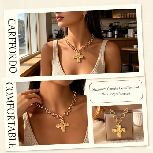 Carffordo Gold Cross Necklaces for Women, Chunky 14K Gold Plated Necklace | Statement Cross Pendant Necklace with Toggle Clasp, Hypoallergenic Waterproof Bold Chain, Trendy Charm Jewelry Gift for Her - color: dainty gold cross
