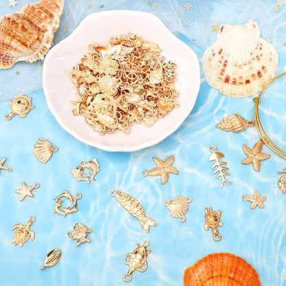 MARFOREVER 120 PCS Summer Beach Charms for Jewelry Making Sea Animal Charm | Assorted KC Gold Ocean Life Charm Pendants, Starfish Seashell Conch Charms, DIY Bracelet Necklace Earrings Making Crafting