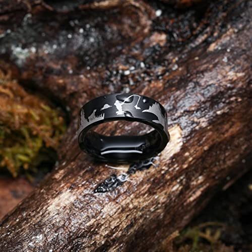 King Will Mens 6mm 8mm Tungsten Carbide Wedding Bands Inlay Lasered Brushed Wedding Rings for Men Women | Brushed, Lasered Seagull/Forest Landscap/Panda/Deer/Hunting/Fly Fishing, Comfort Fit, Everyday Wear - color: Fly Fishing
