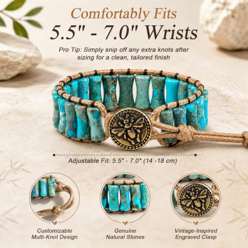MOINSPIRE Boho Beaded Bracelets for Women - Adjustable Handmade Wrap Bracelet with Tube Natural Stone Beads, Colorful Beaded Strap Bohemian Jewelry Braided for Birthday Gifts - color: Turquoise Blue