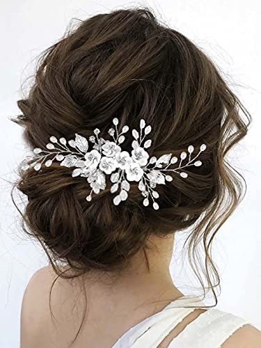 Silver Flower Wedding Hair Comb Pearl Bridal Hair Piece Leaf Hair Accessories for Women and Bride (Silver) - color: Silver