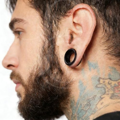 2 Pairs Hollow Vintage Ear Tunnel Plugs Stretcher Gauges | Natural Black Sandalwood/Stainless Steel, Saddle Double Flared, Wooden Body Jewelry - size: 8MM