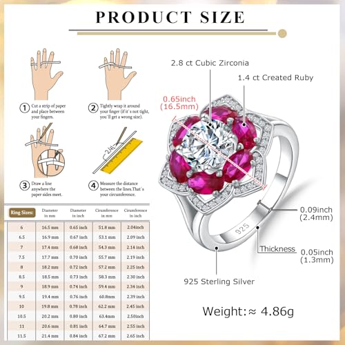 Flower Cocktail Ring for Women Stone Engagement Anniversary Rings | Sterling Silve|Hypoallergenic|Ruby|Sapphire|Emerald|Wedding and Birthday Party Women Statement Ring|Mother and Grandma Gift - color: Ruby (July)