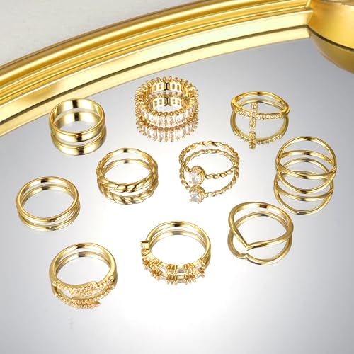 10 PCS 14K Gold Plated Rings Set for Women, Dainty Gold Knuckle Ring Non Tarnish, Simple Thumb Stacking Rings Pack Size 6/7/8/9/10 - color: gold