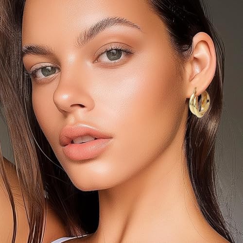 Chunky Large Gold Puffy Open Hoop Earrings for Women,Trendy Statement Big Minimalist Wavy Huggie Earing Prom Jewelry Gift - color: Double