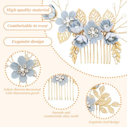 6 Pcs Bridal Hair Accessories French Hair Side Combs and Hair Pins,Gold Wedding Jewelry Headpiece with Rhinestone for Brides Bridesmaids Women Girls(Blue Flower） - color: Blue
