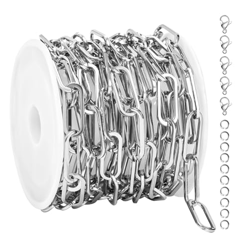 UMAOKANG 6.6 Feet Stainless Steel Chains for Jewelry Making Paperclip Link Craft Chain Roll with Jump Rings and Lobster Clasps - color: Paperclip Silver