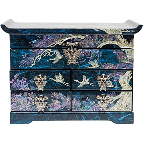 February Mountain Mother of Pearl Wooden Jewelry Organizer Box – Jewelry Storage Box for Women, Features Spacious Drawers, Ideal for Rings, Bracelets, Watches, Chains, Accessories (Crane_Blue) - style: Crane_Blue