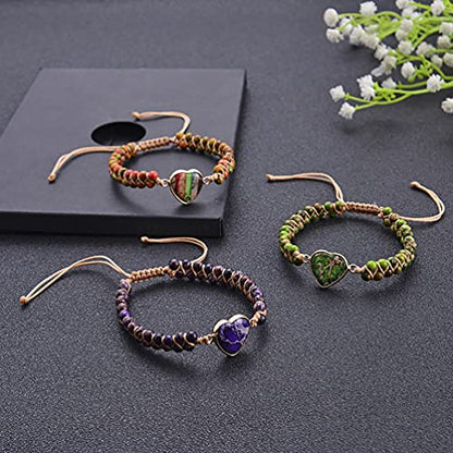 Women Boho Wrap Bracelet,Handmade Natural Stone Crystal Emperor Beads Heart Bracelet, Fashion Bohemian Jewelry Gift for Women - color: Purple Heart Stone