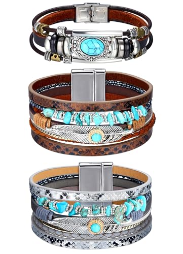 Sanfenly Leather Wrap Bracelets for Women,Boho Wrap Bracelets Leather Cuff Bangle Beads Bracelets Stackable Western Bracelets Jewelry for Women (Gold/Black/Gray/Turquoise) - color: Turquoise Leather